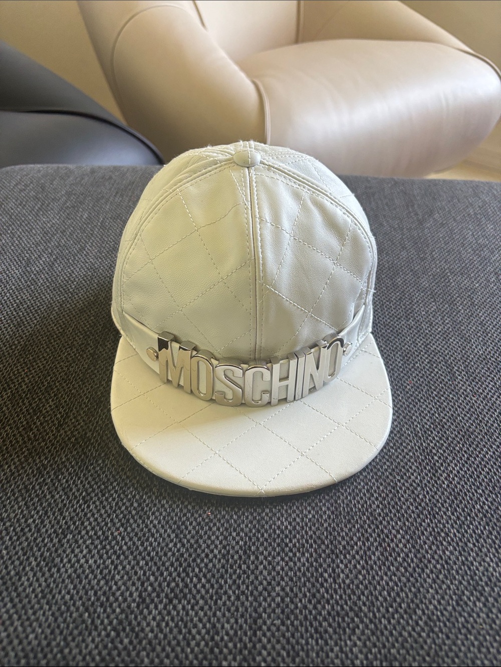 Moschino Quilted Cream Baseball Cap with Silver Logo